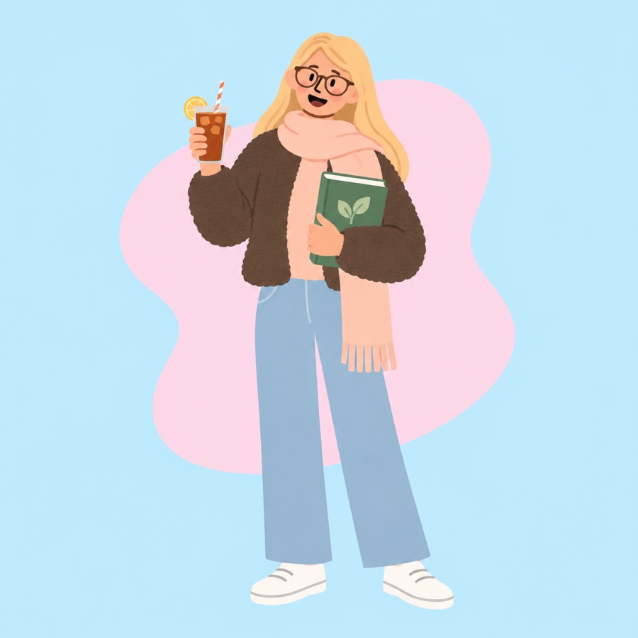 Illustration von Jana mit Brille und Schal, einem Glas Cola-Orange und einem Biologiebuch
