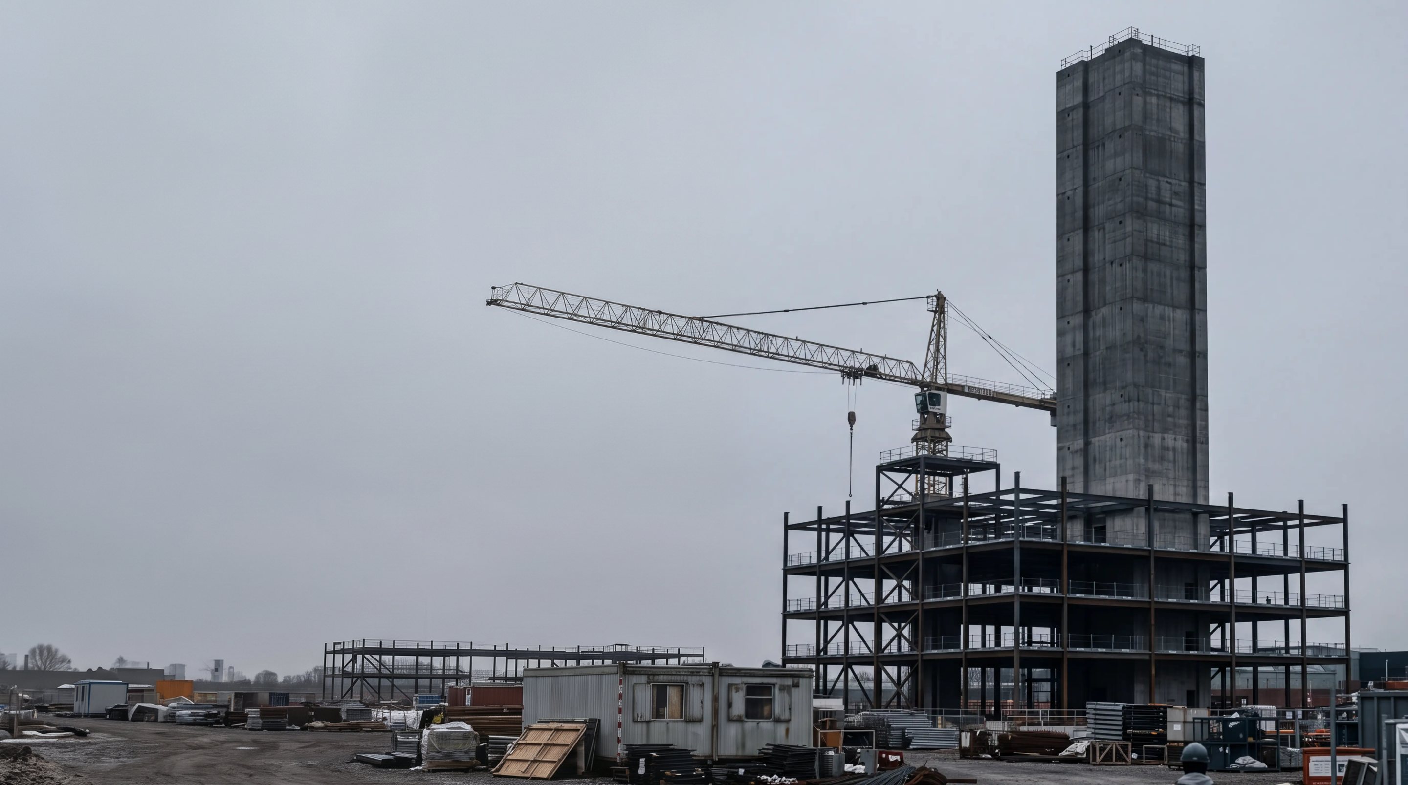 A high-rise under construction: the concrete core stands finished while the floors around it are still going up.
