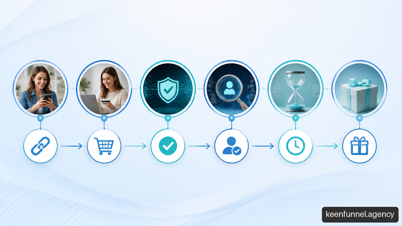 Visual workflow showing referral attribution, conversion validation, fraud review, reward hold, and reward delivery.