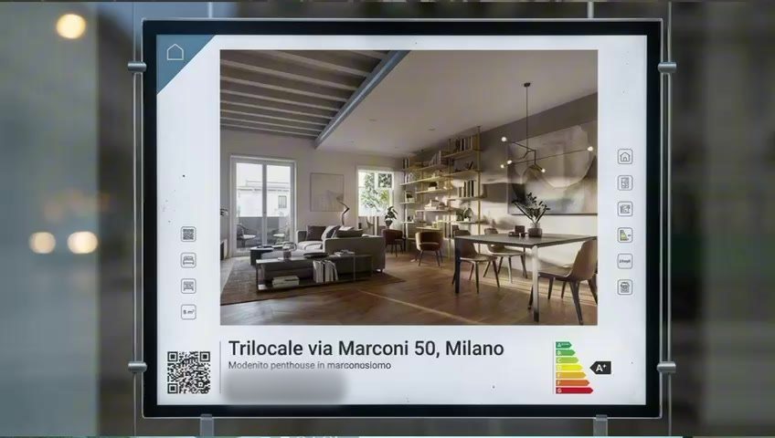 Annuncio di un trilocale a Milano con prezzo, QR code e classe energetica su uno schermo in vetrina