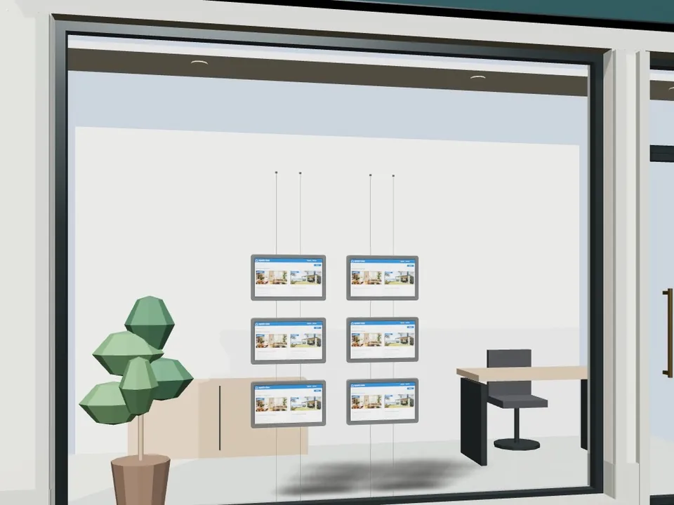 Vetrina con sei Light & Play sospesi su due colonne