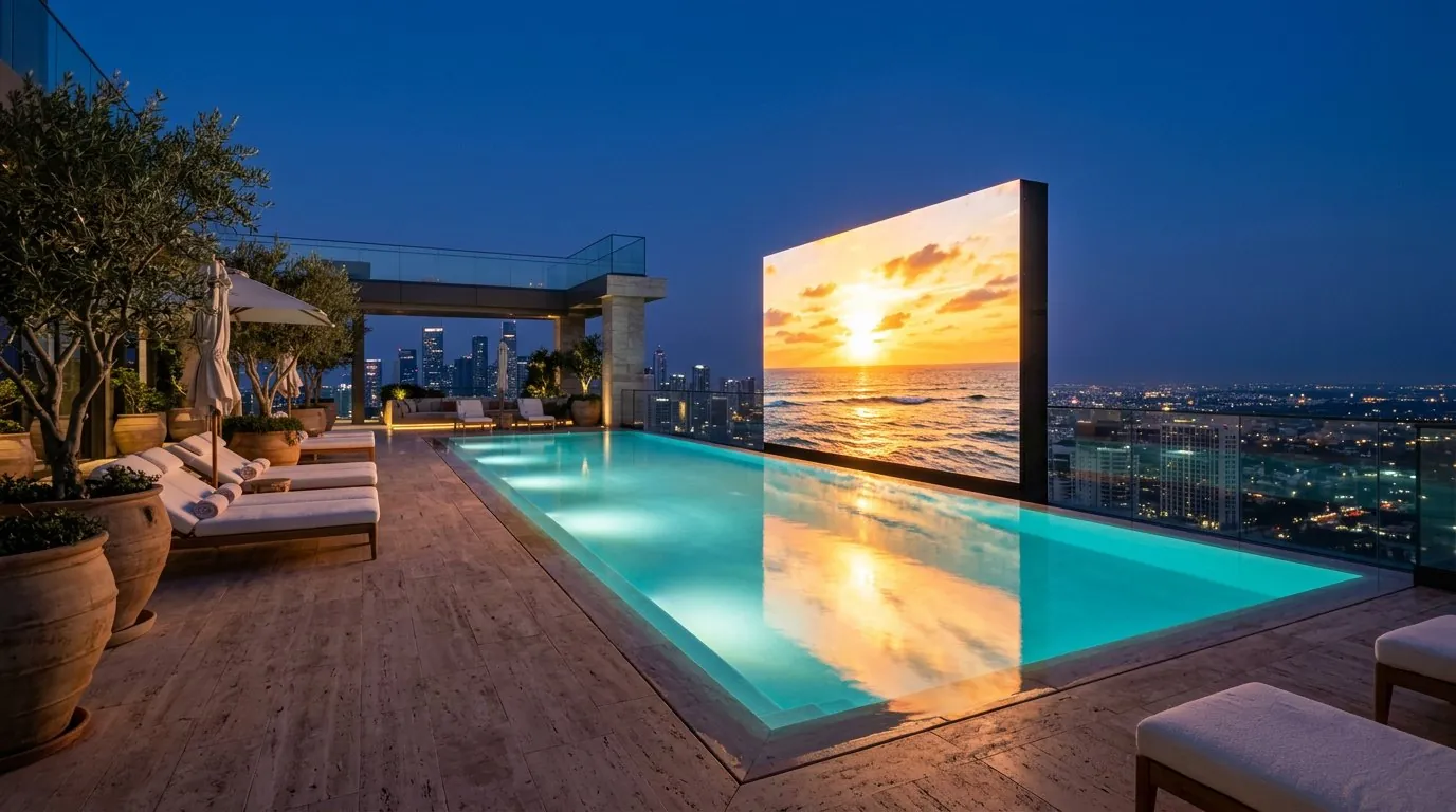 Piscina a sfioro su un rooftop di lusso con un grande ledwall da esterno che mostra il tramonto sul mare, riflesso nell'acqua
