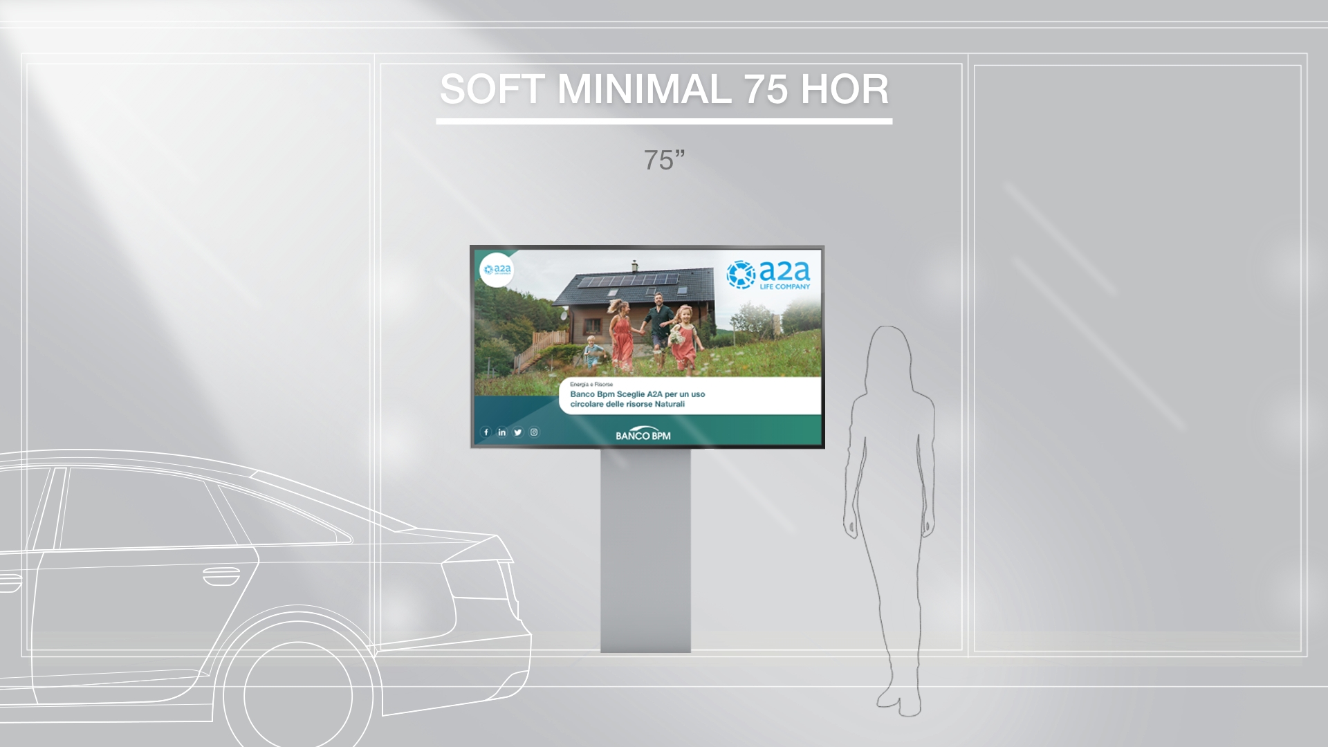 Simulazione di installazione del totem Soft Vision 75 orizzontale