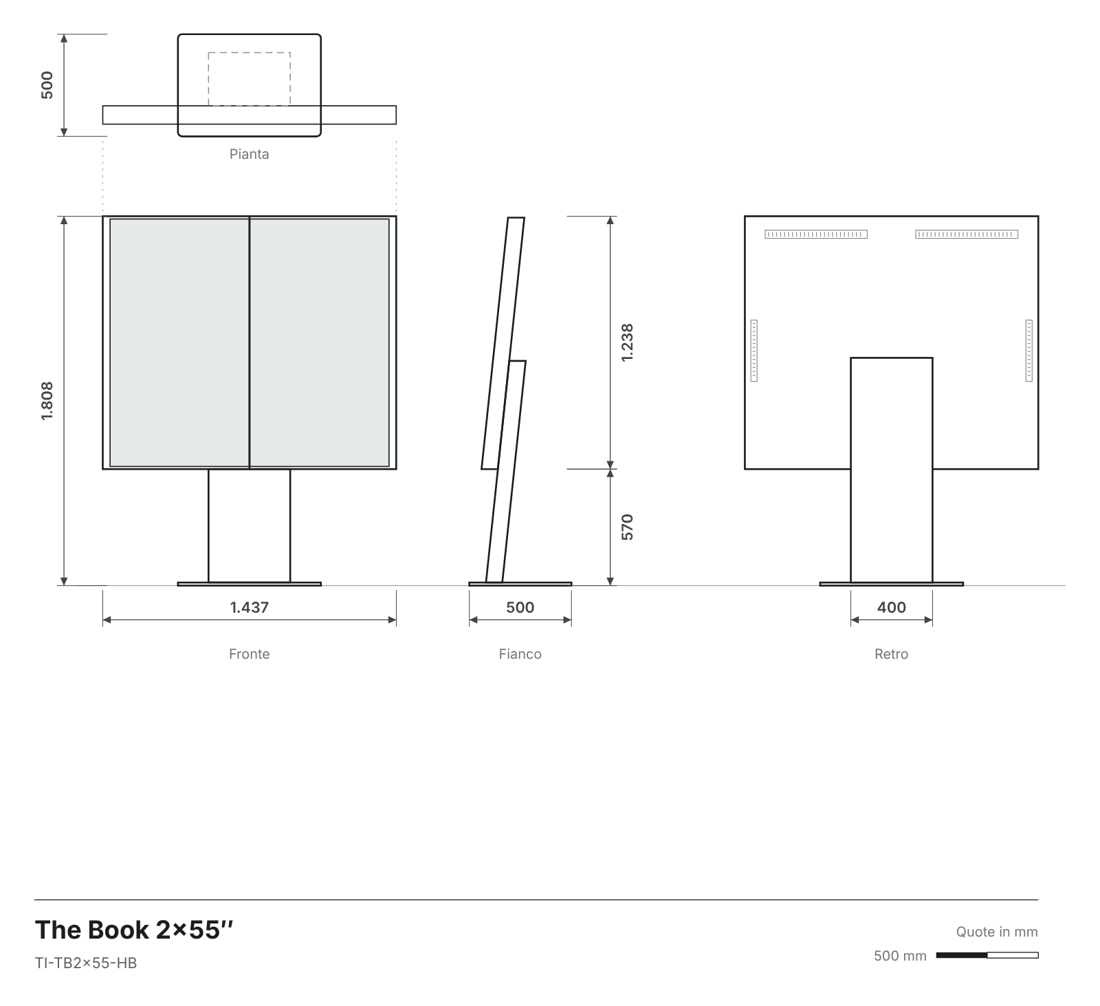 Disegno tecnico totem Libro 2×55" con quote