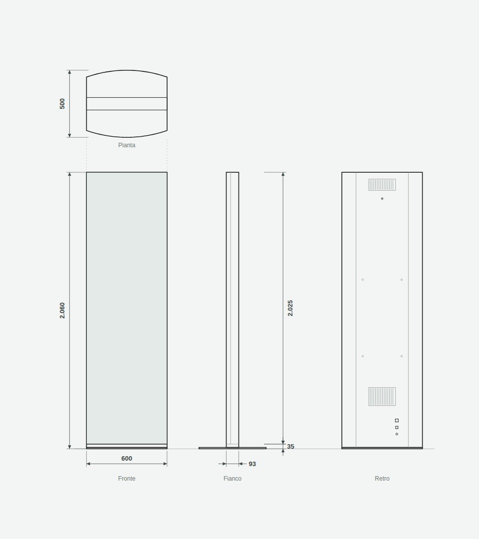 Technical drawing of the TLedWall indoor totem with dimensions