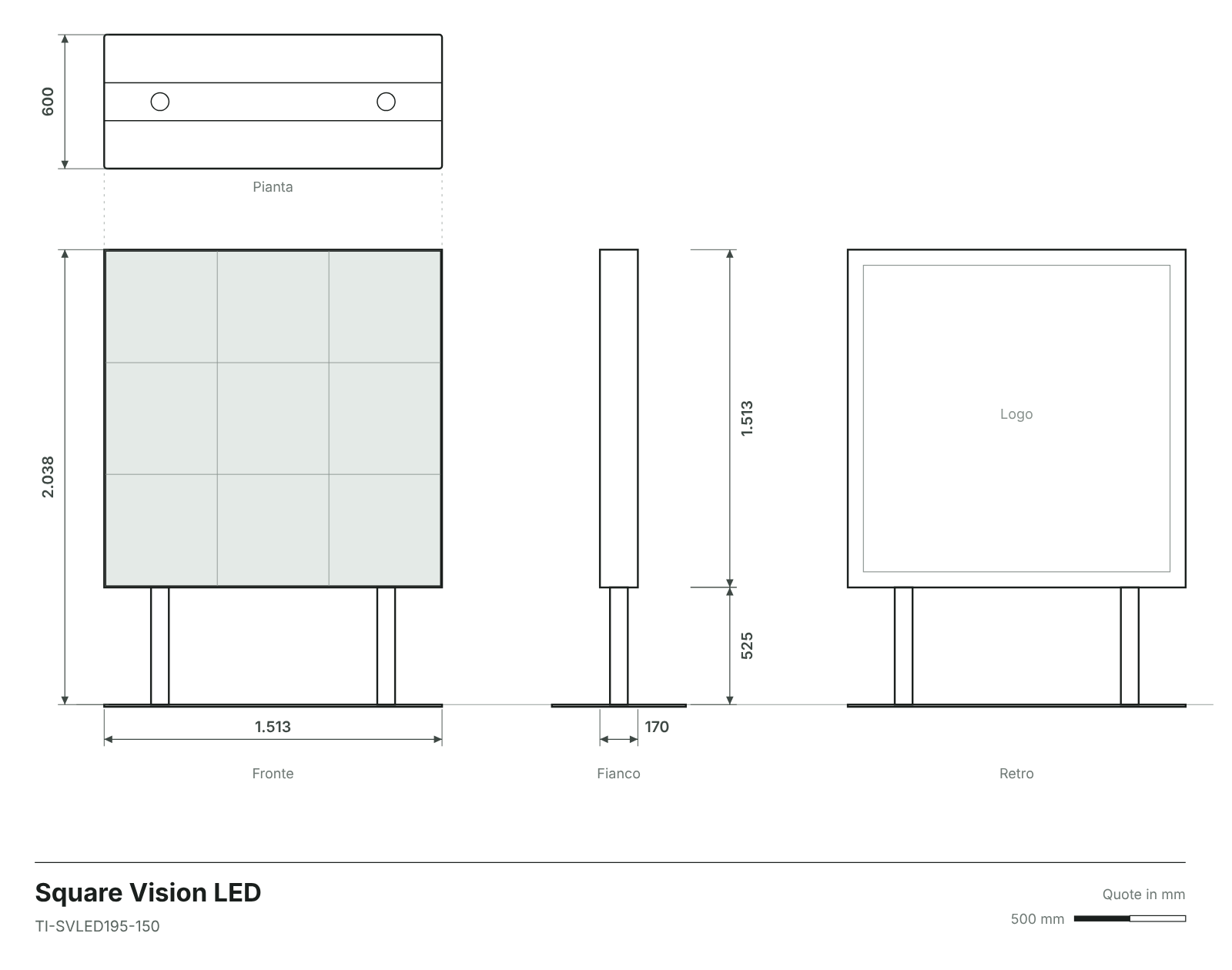 Disegno tecnico del totem Square Vision LED con quote in mm