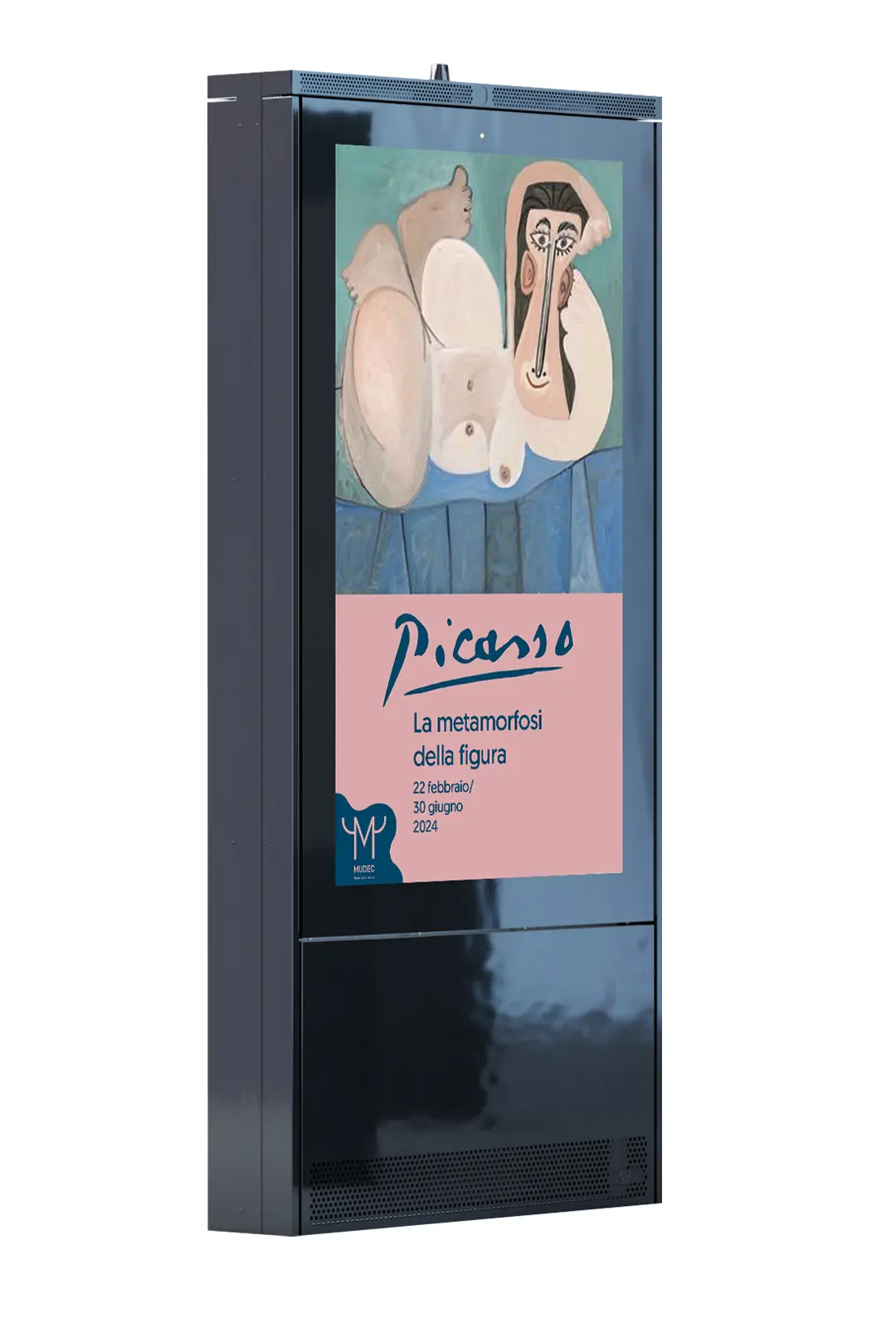 Double-sided outdoor totem, three-quarter view