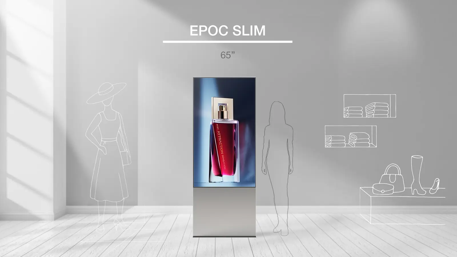 Simulazione di installazione del totem Epoc Slim 65 pollici
