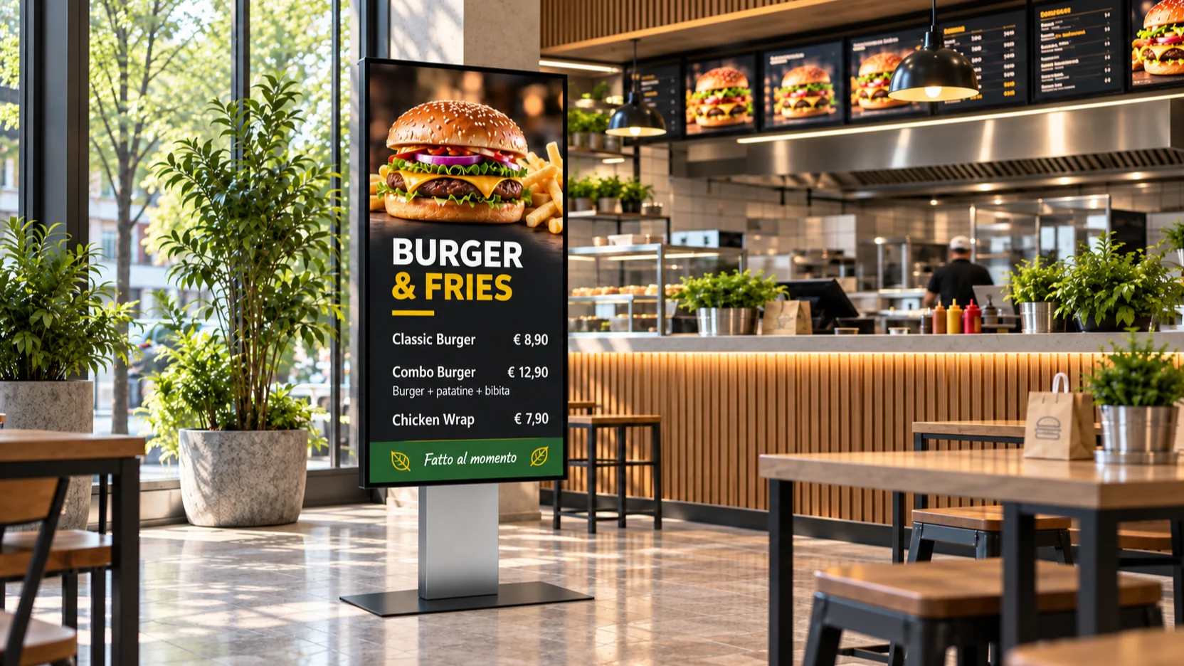 Totem Soft Vision 75 con menu digitale in un ristorante fast casual