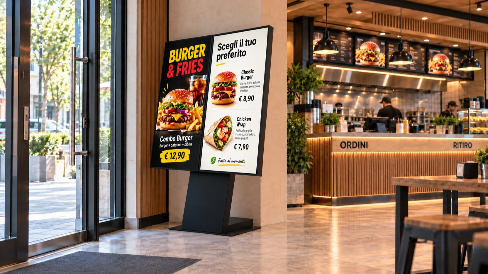 Totem Libro con menu digitale all'ingresso di un ristorante