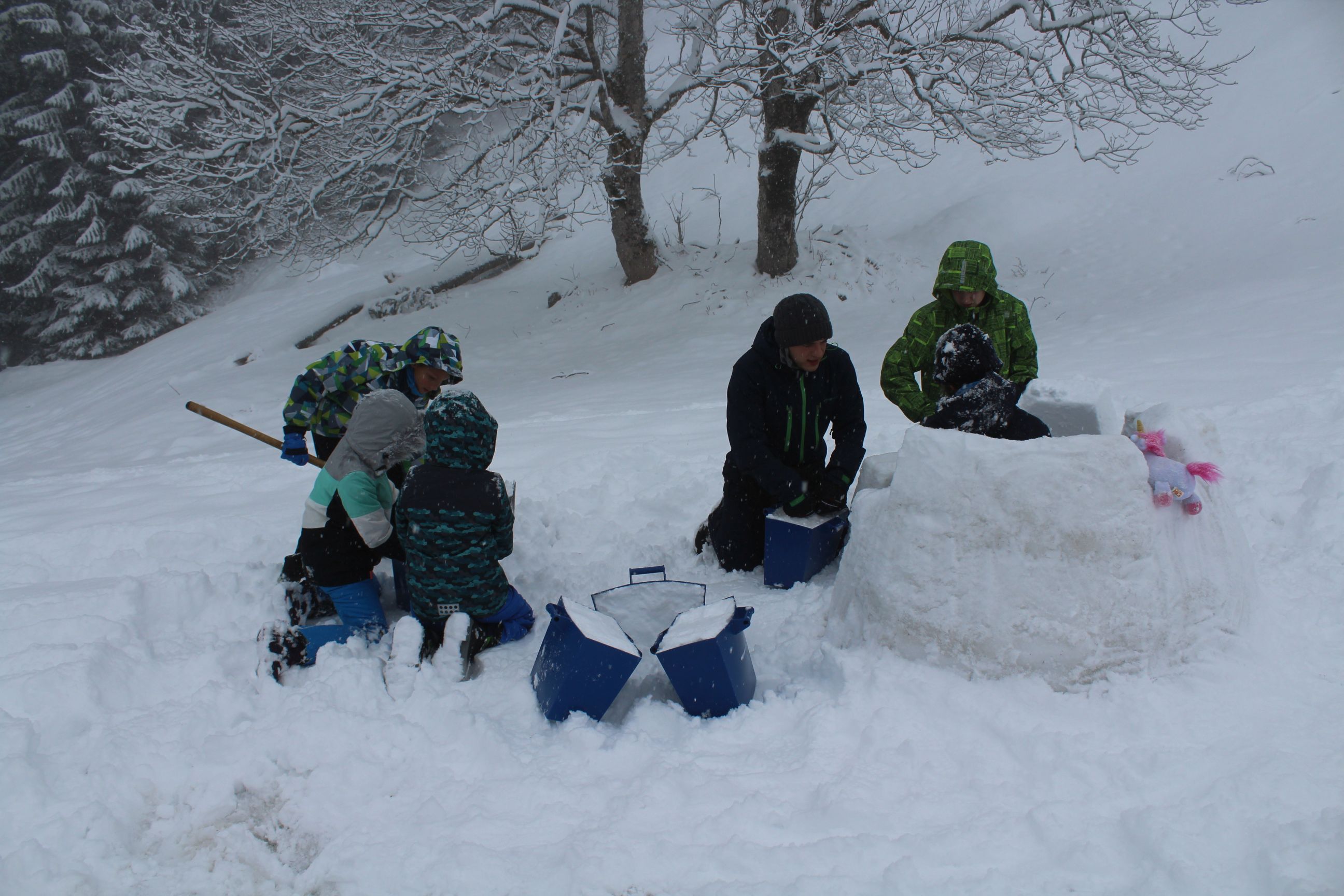 Kinder bauen mit einem Leiter bei Schneefall ein Iglu aus Schneeblöcken