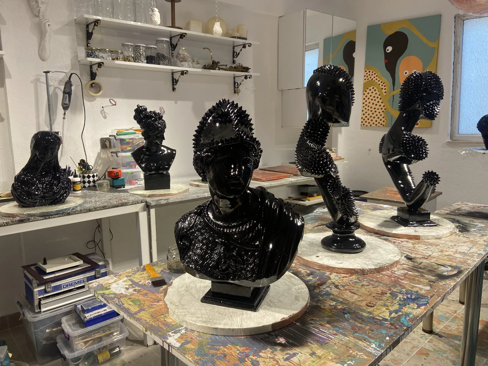 Black bust sculptures in Zeynep Didem Bardakcı’s workshop