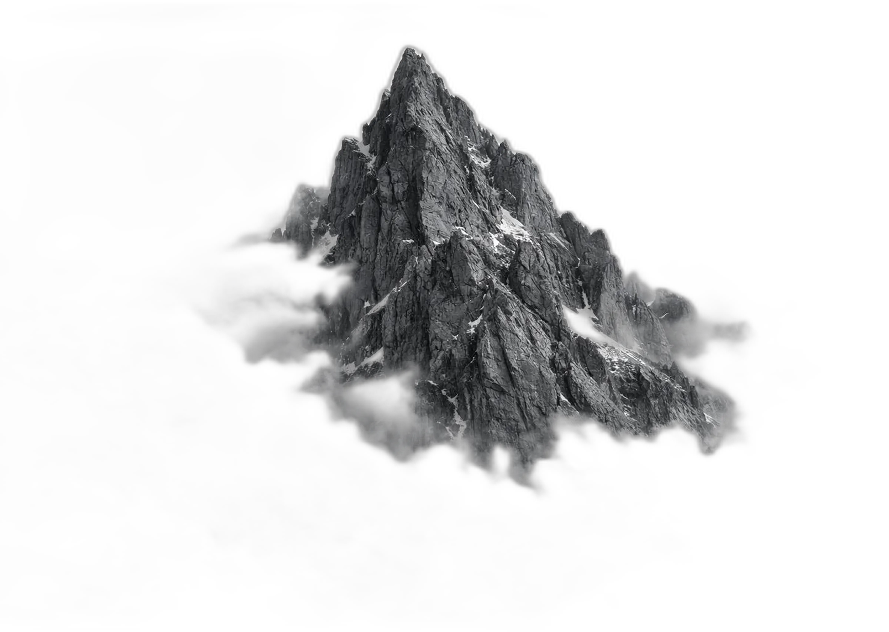 Sharp, rocky mountain peak with patches of snow and misty clouds around the base against a black background.