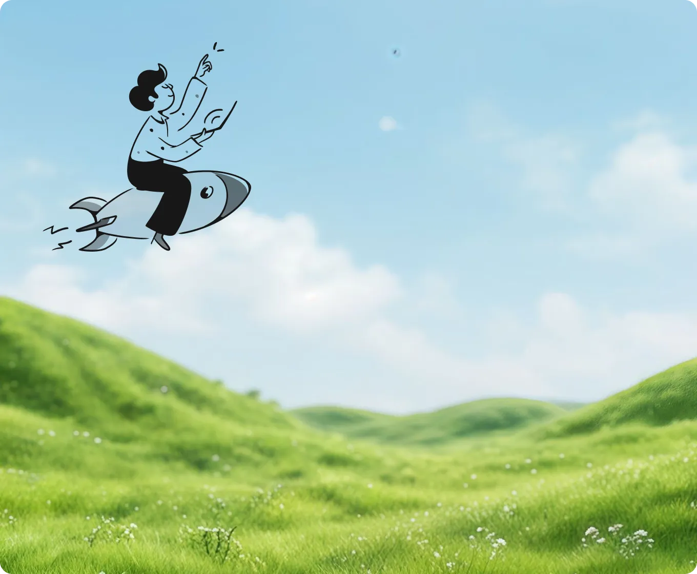 Illustration of a person sitting on a rocket holding a tablet, flying over a green grassy landscape under a blue sky with clouds.
