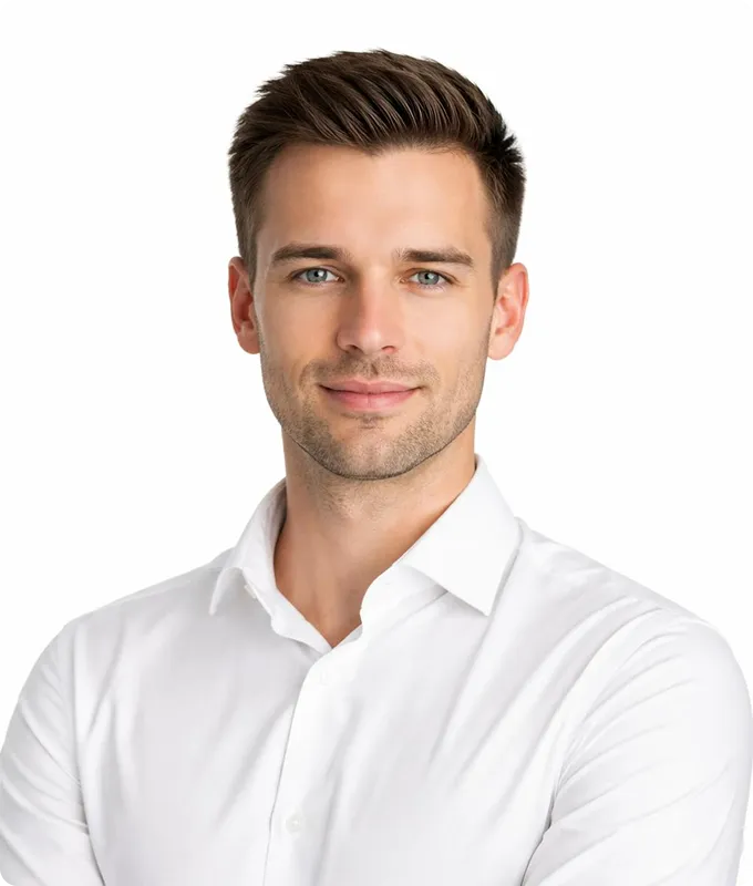 Portrait of a confident young man with short brown hair wearing a white button-up shirt against a white background.