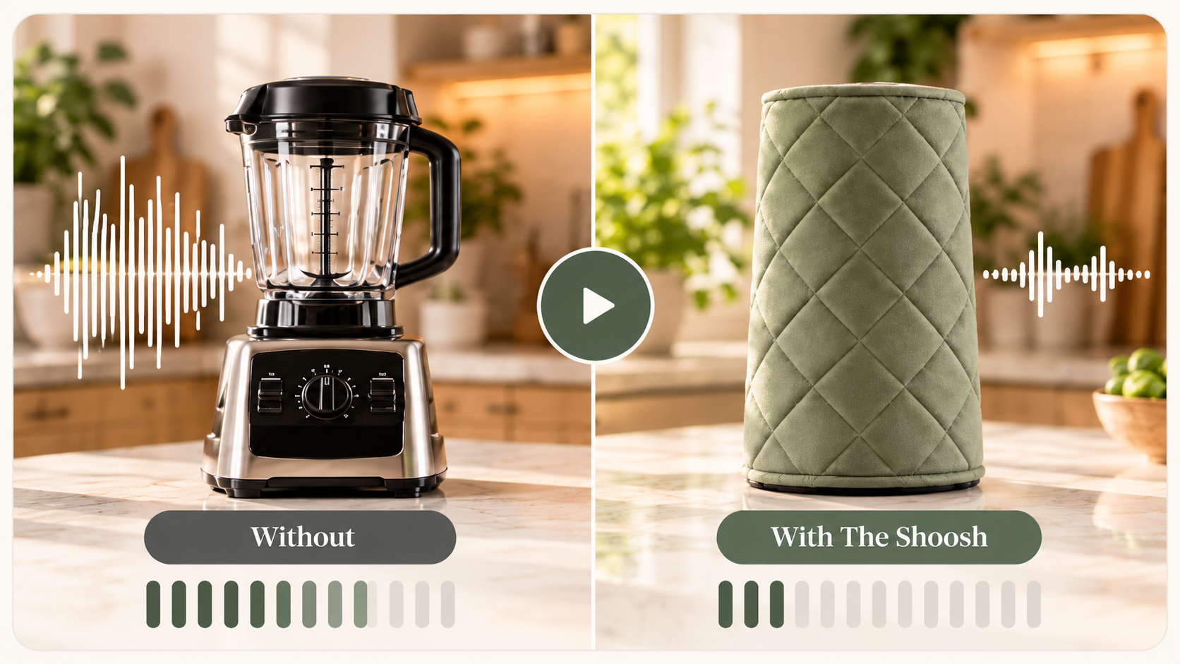 Real-world sound comparison showing a blender without The Shoosh and with The Shoosh