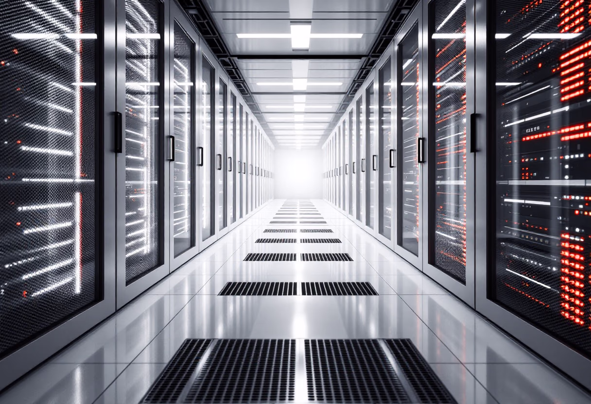 Data center corridor with server racks