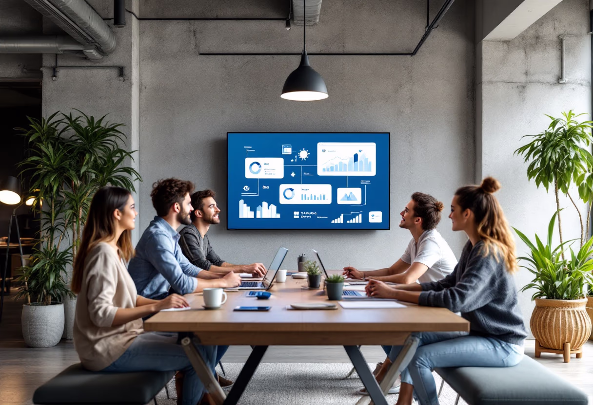 Team reviewing a live data dashboard together in a modern office
