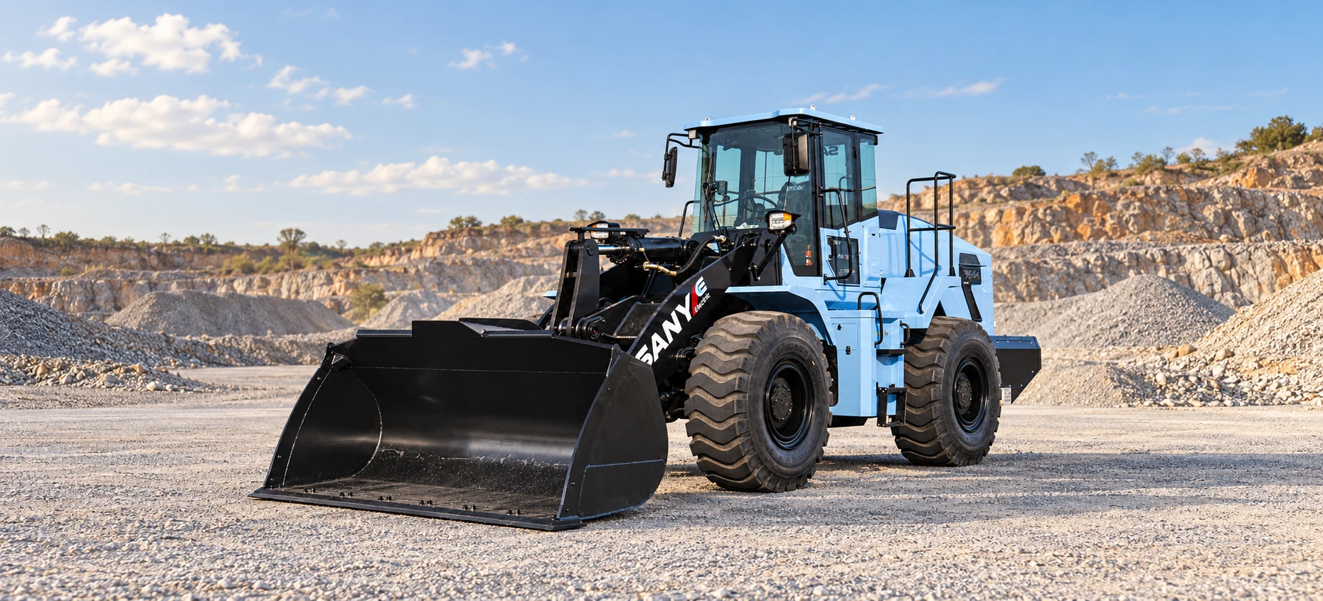 SANY equipment in a quarry — illustrative hero artwork