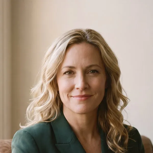 Portrait of a smiling woman with shoulder-length blond hair