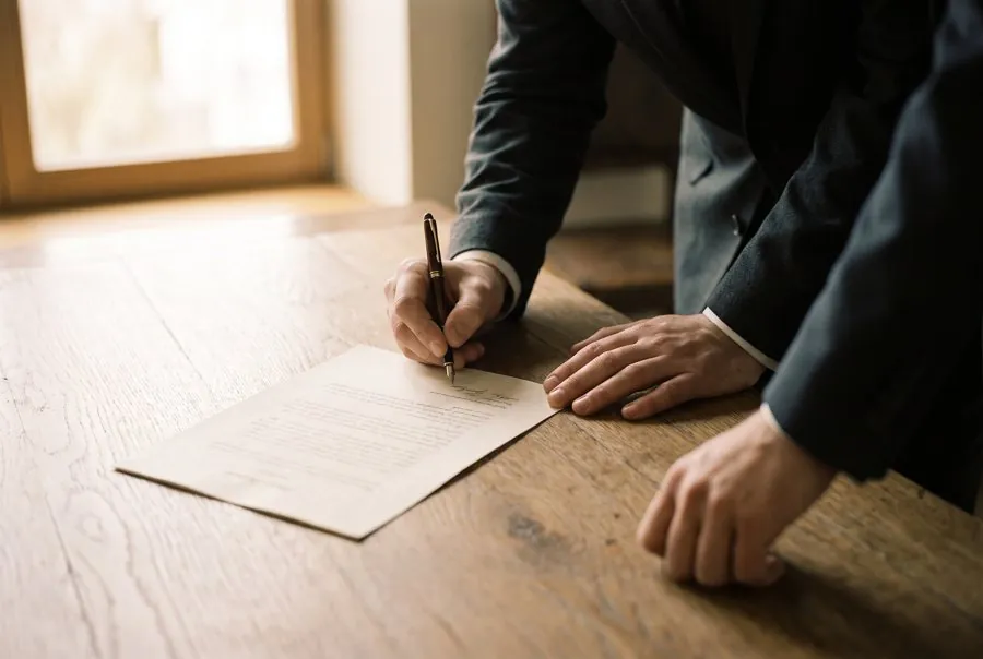 Hands signing a document on a wooden desk