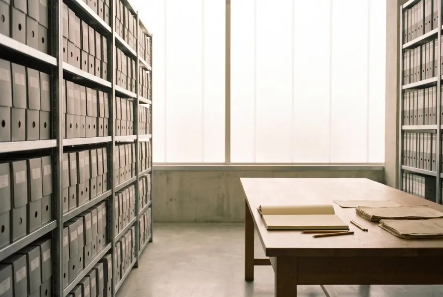 Archive shelves and a reading table in soft daylight