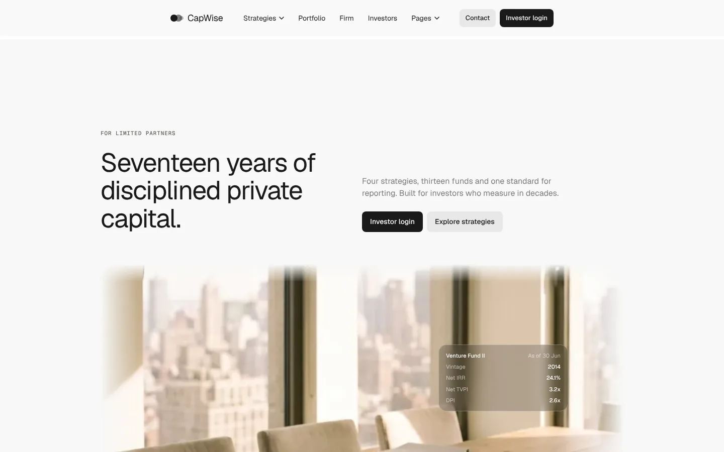 CapWise Home 3 preview: limited partners hero with office photo