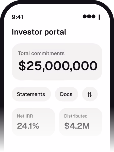CapWise investor portal on a phone showing $25M total commitments