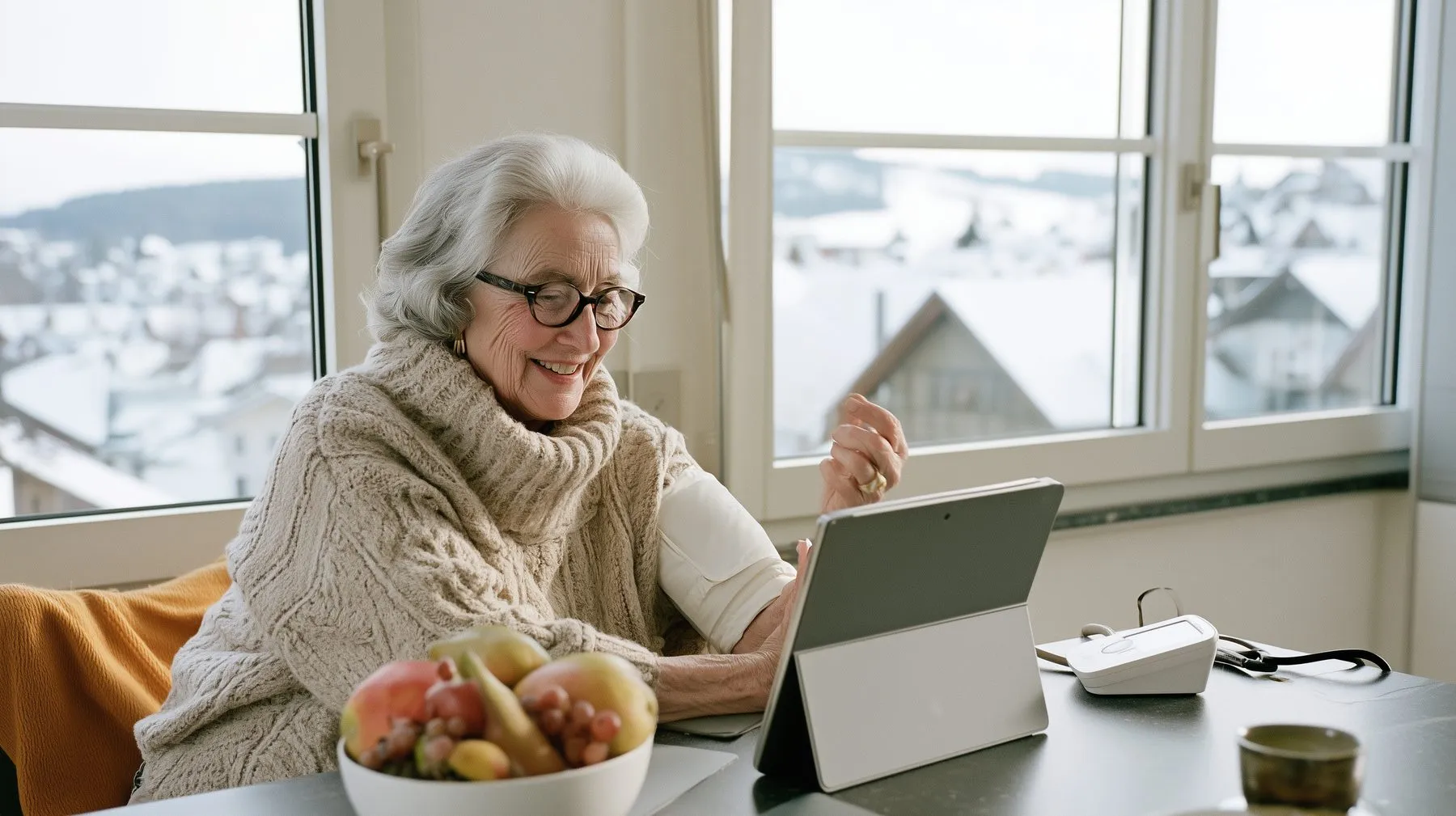 An older woman at her kitchen table talks with her doctor on a tablet while wearing a blood pressure cuff