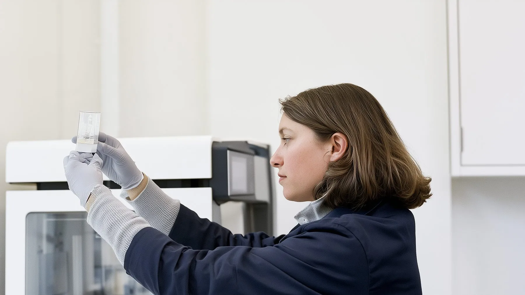 A geneticist checks a sequencing flow cell against the light in front of a benchtop genome sequencer