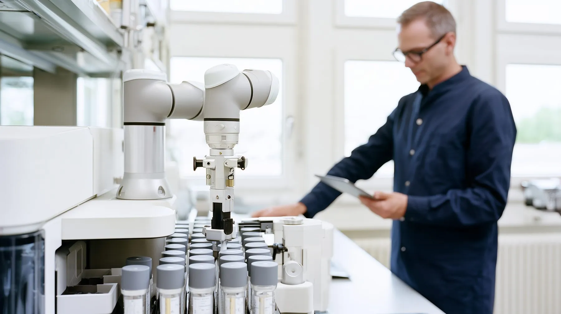 A collaborative robot arm handles sample tubes in an automated analyser while a scientist checks a tablet