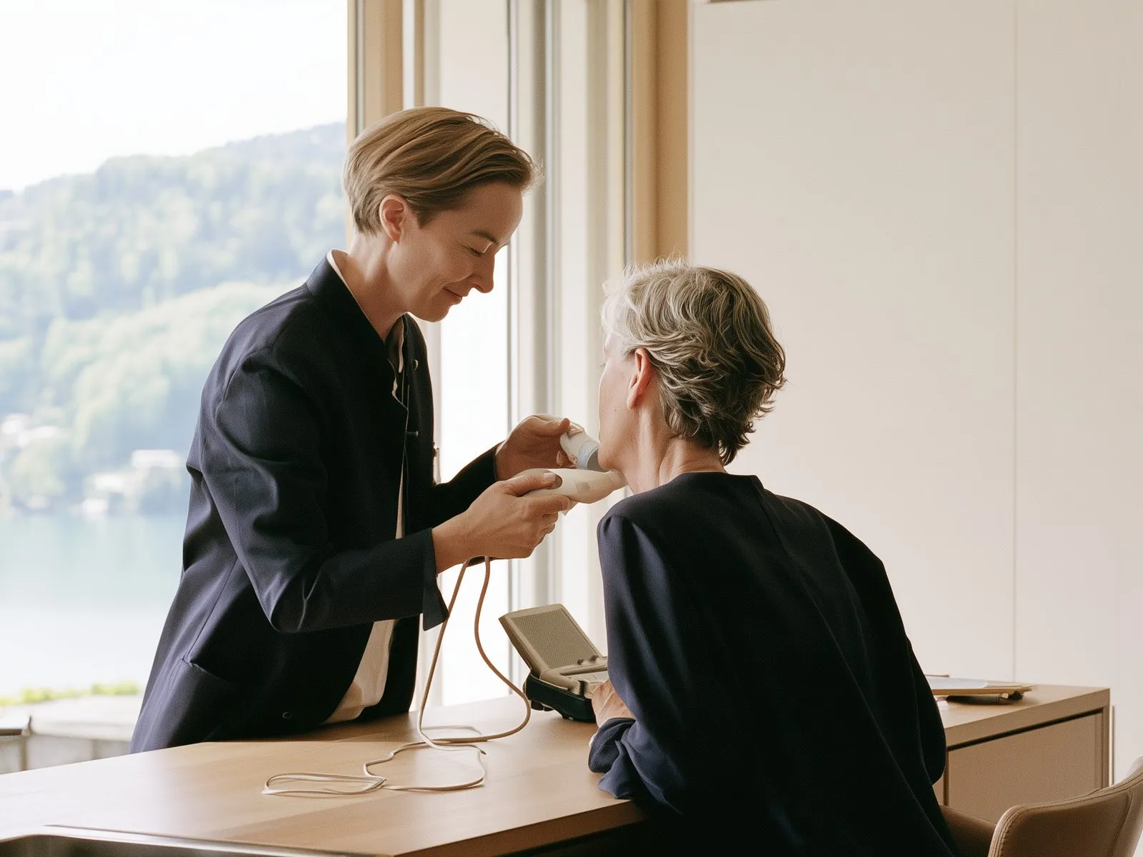 A physician performs a handheld ultrasound of the neck on a woman at her kitchen island, lake and hills beyond the window