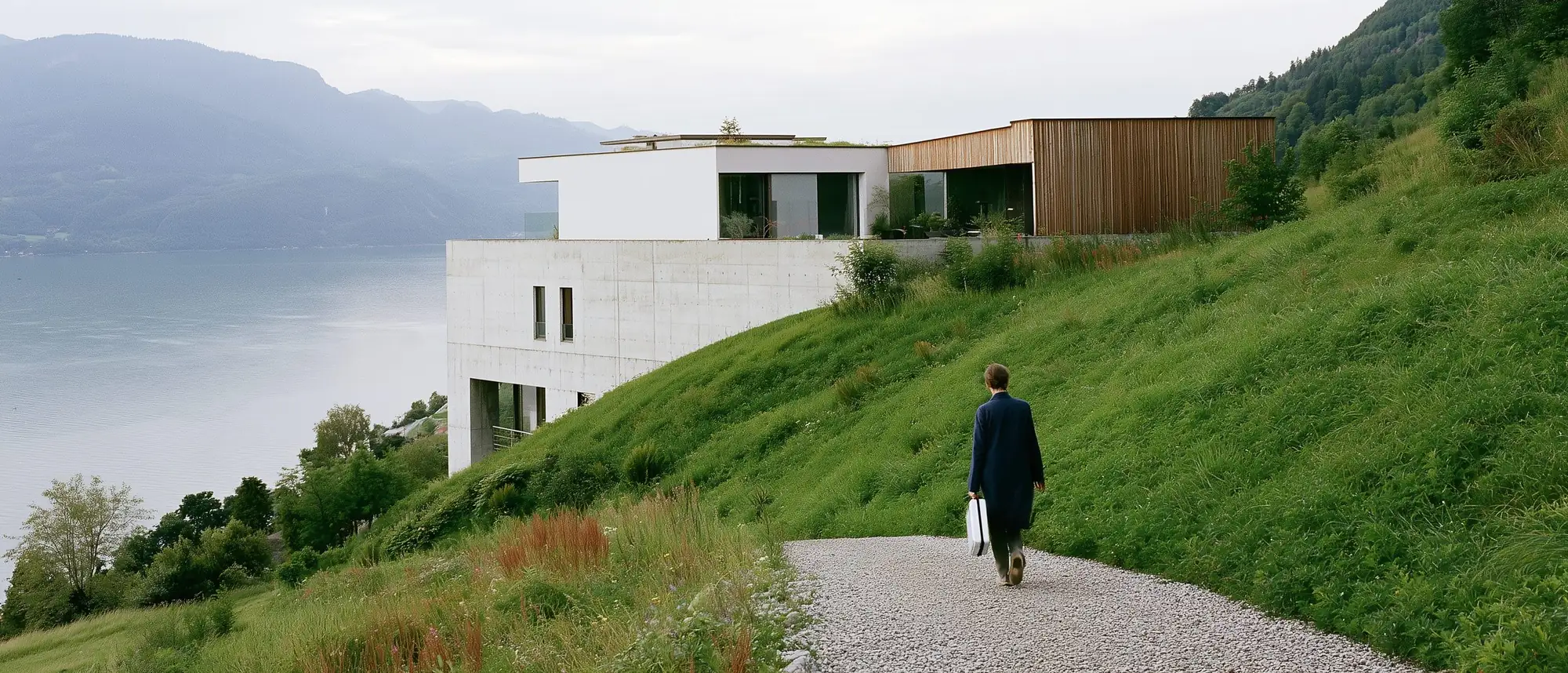 A carer in a navy coat carries a white case up a gravel path to a contemporary house on a green hillside above a lake