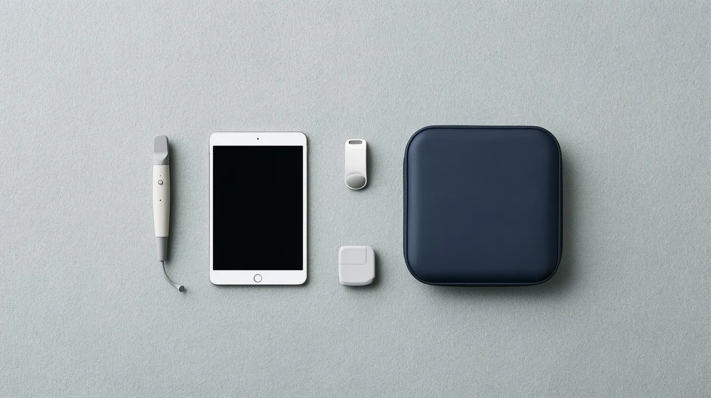 A home medical kit laid out on grey felt: pocket ultrasound probe, tablet, wearable sensor, pulse oximeter and a navy case