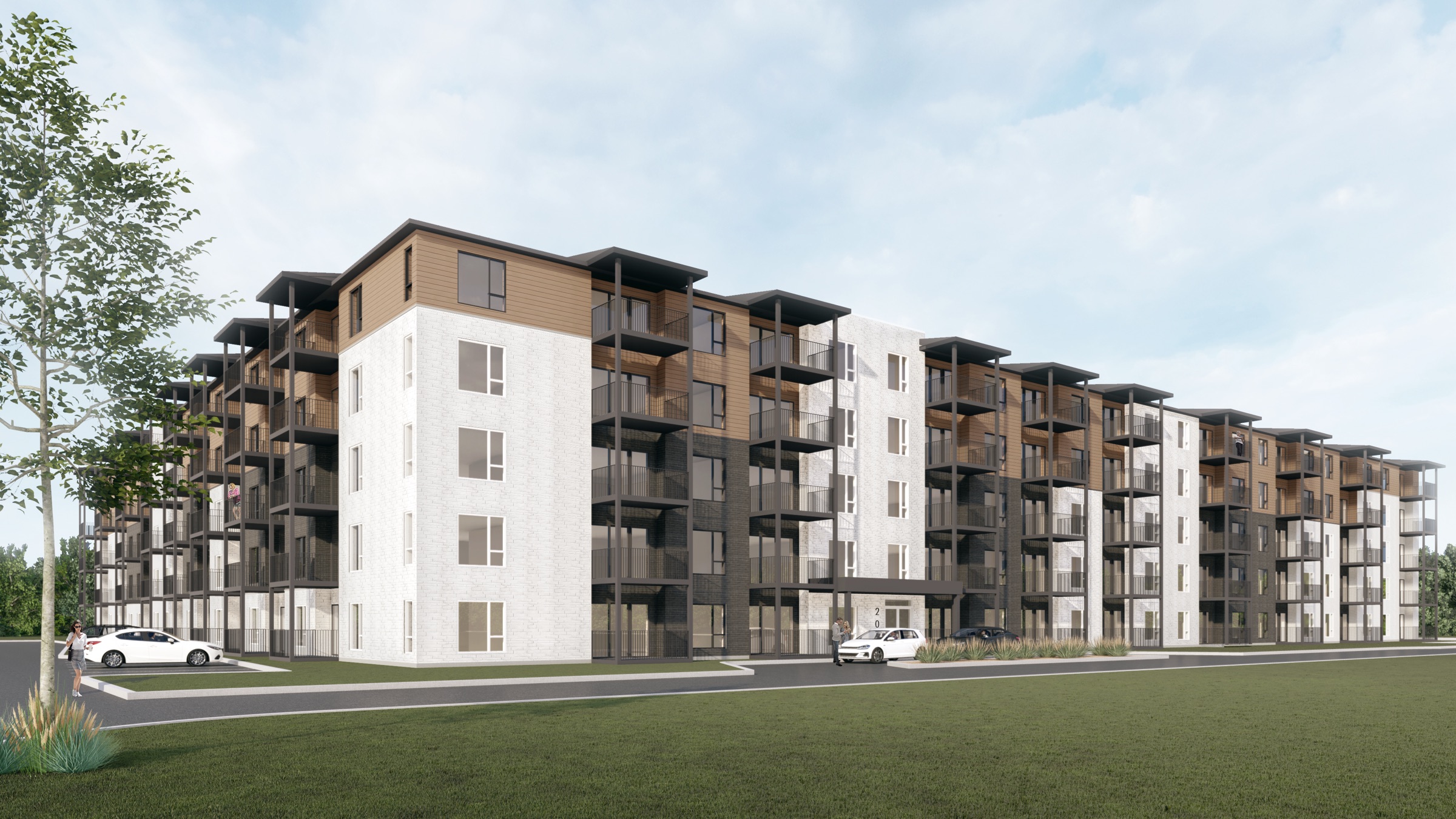 Rendu extérieur de l'immeuble Le Blue à Saint-Jérôme, façade blanche et balcons