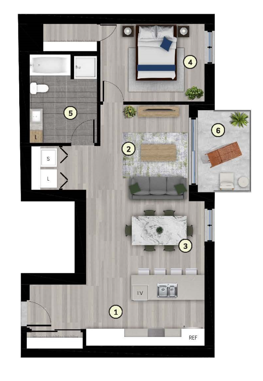Plan du 3 ½ type 1B, unité de coin, 825 pi²