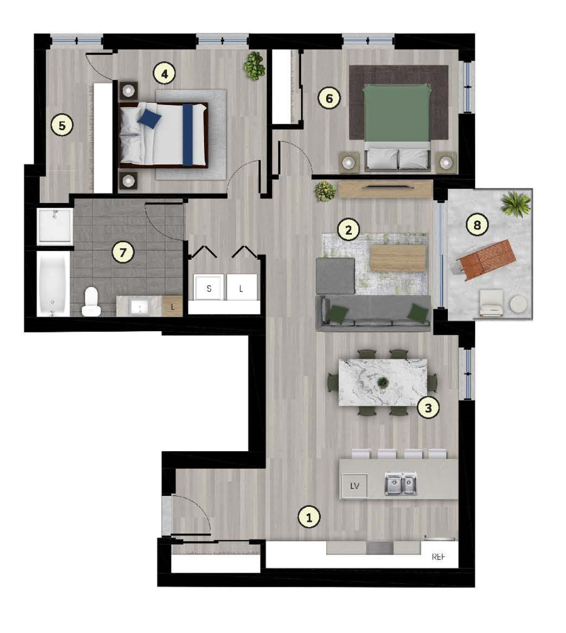 Plan du 4 ½ type 2B, unité de coin, 1023 pi²