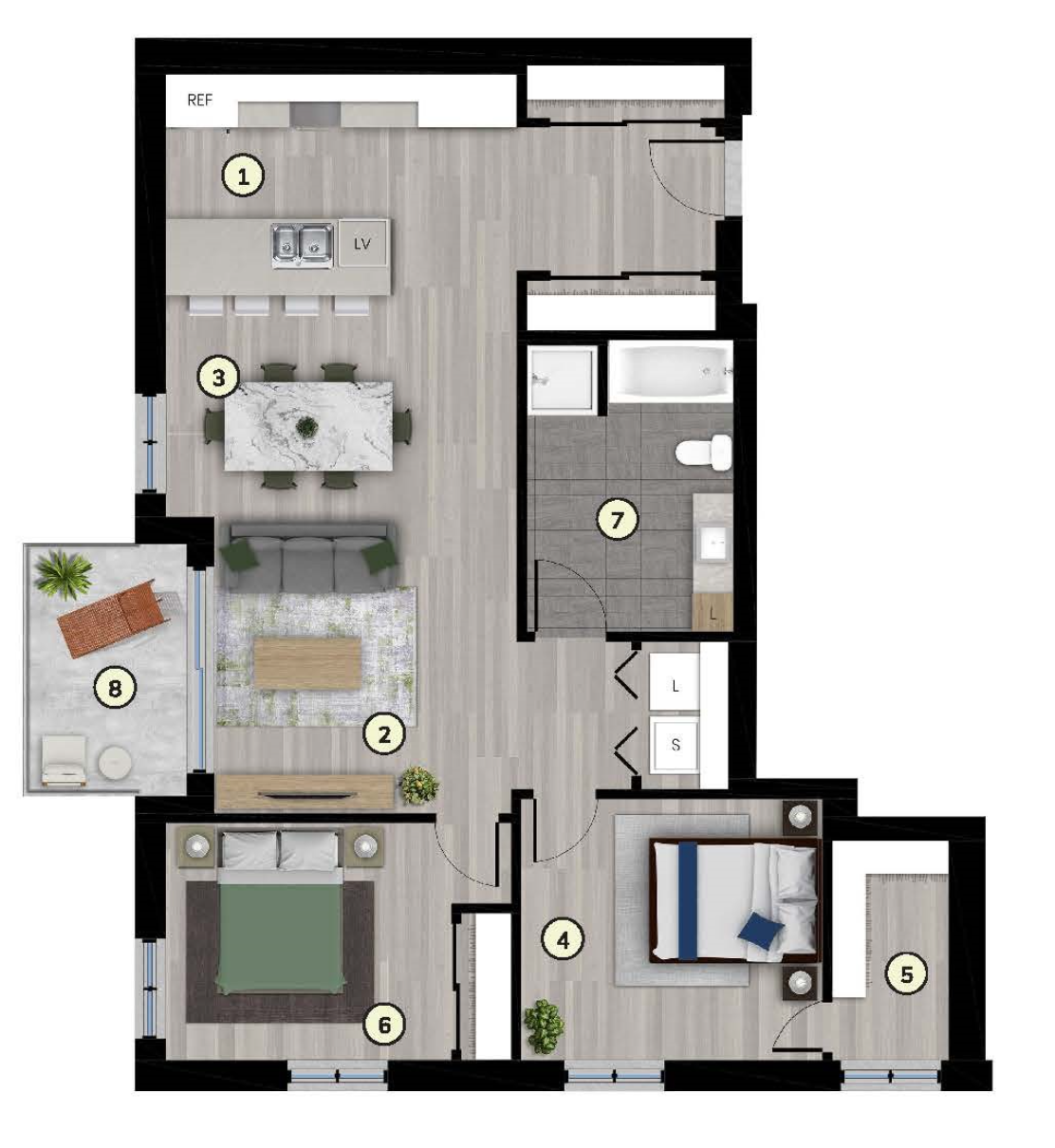 Plan du 4 ½ type 2E, unité de coin, 971 pi²