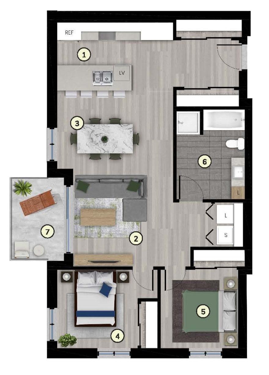 Plan du 4 ½ type 2D, unité de coin, 929 pi²