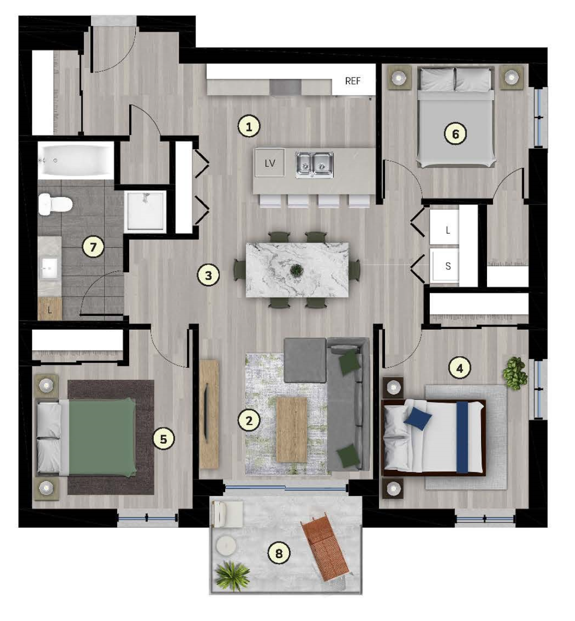 Plan du 5 ½ type 3A, unité de coin, 1003 pi²
