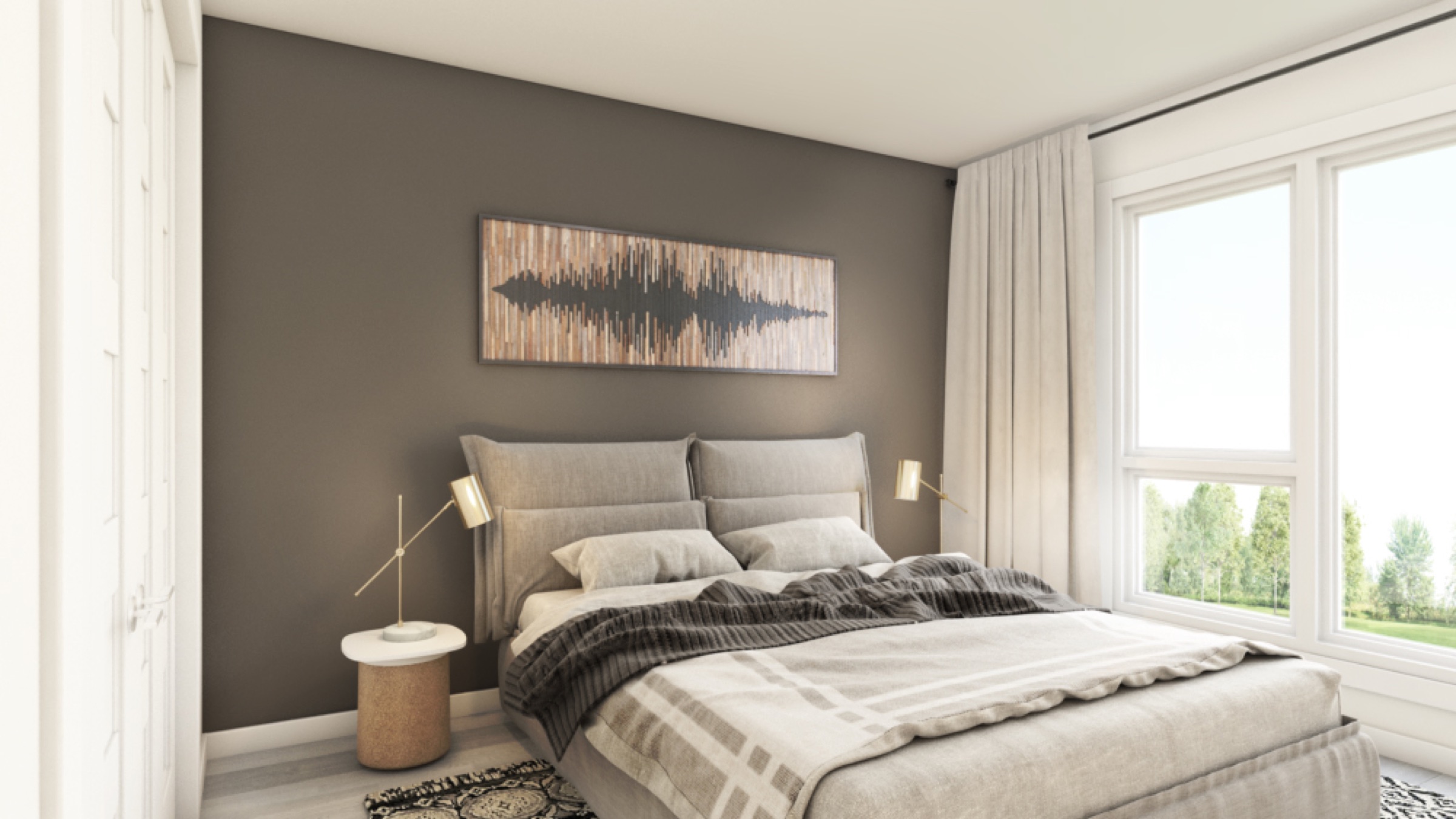 Chambre avec tête de lit rembourrée et éclairage doux