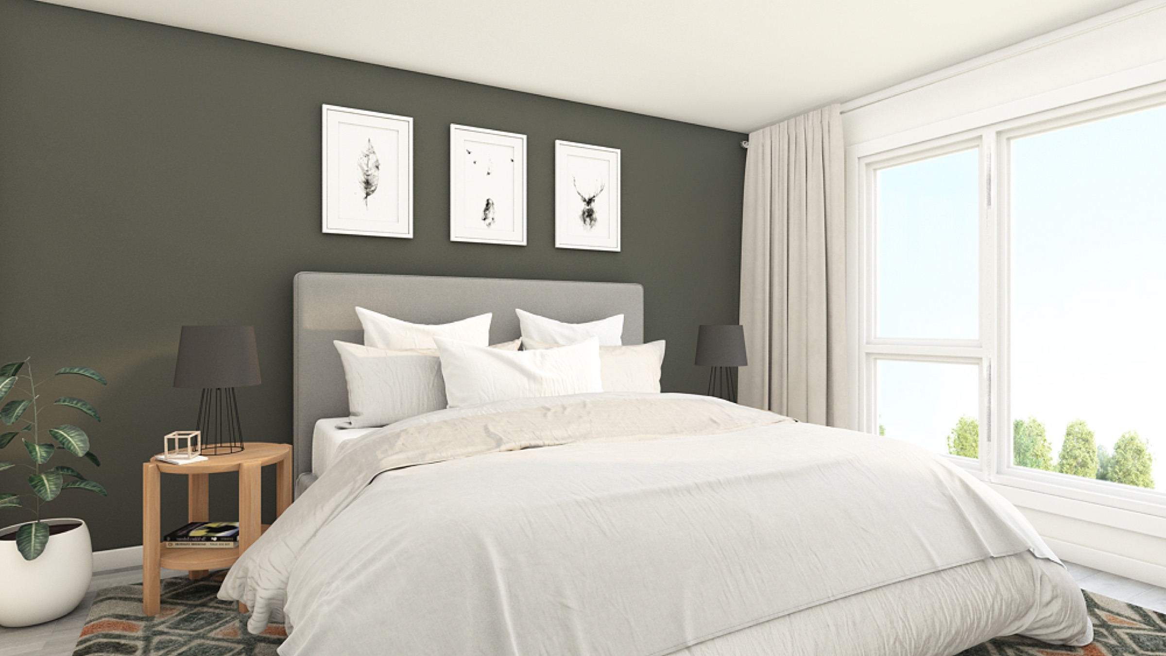 Chambre principale avec mur d'accent et grande fenêtre