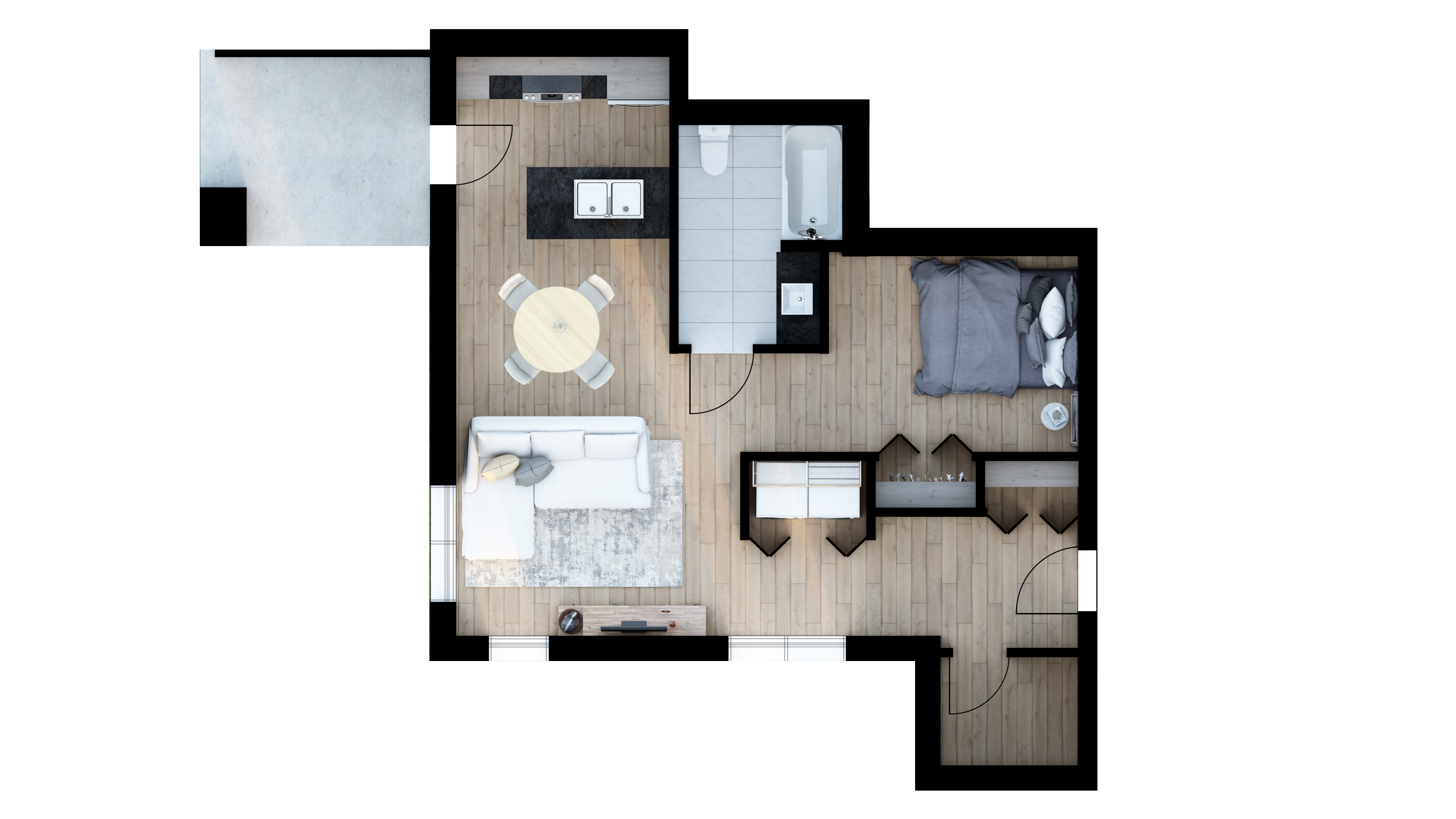 Plan de l'unité type 101, 1 chambre