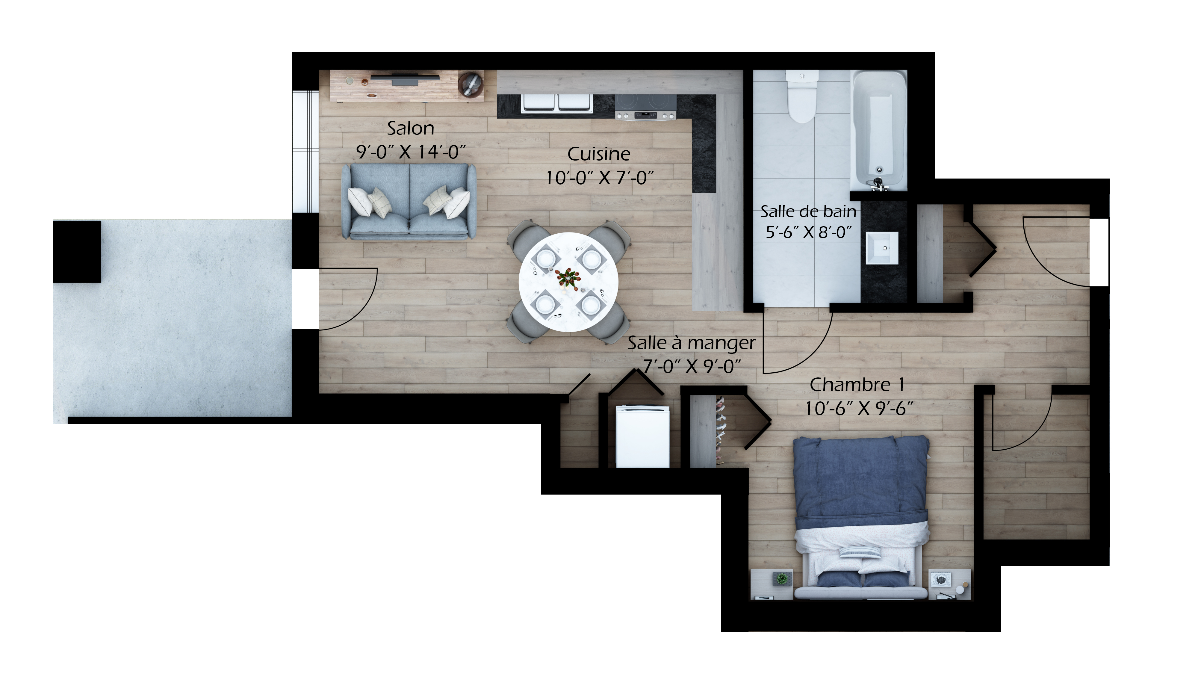 Plan de l'unité type 102 à 602, 1 chambre