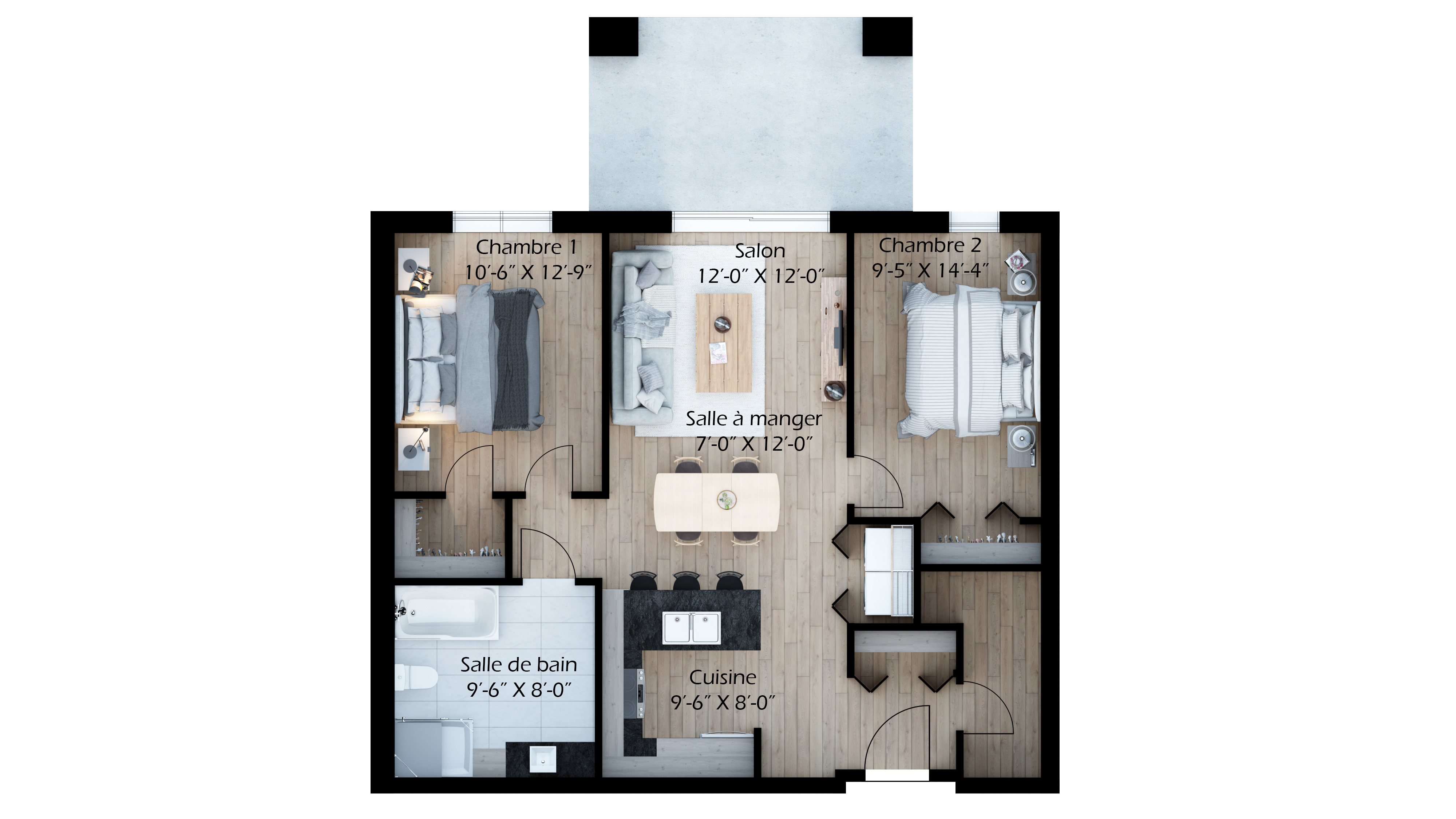 Plan de l'unité type 104, 2 chambres