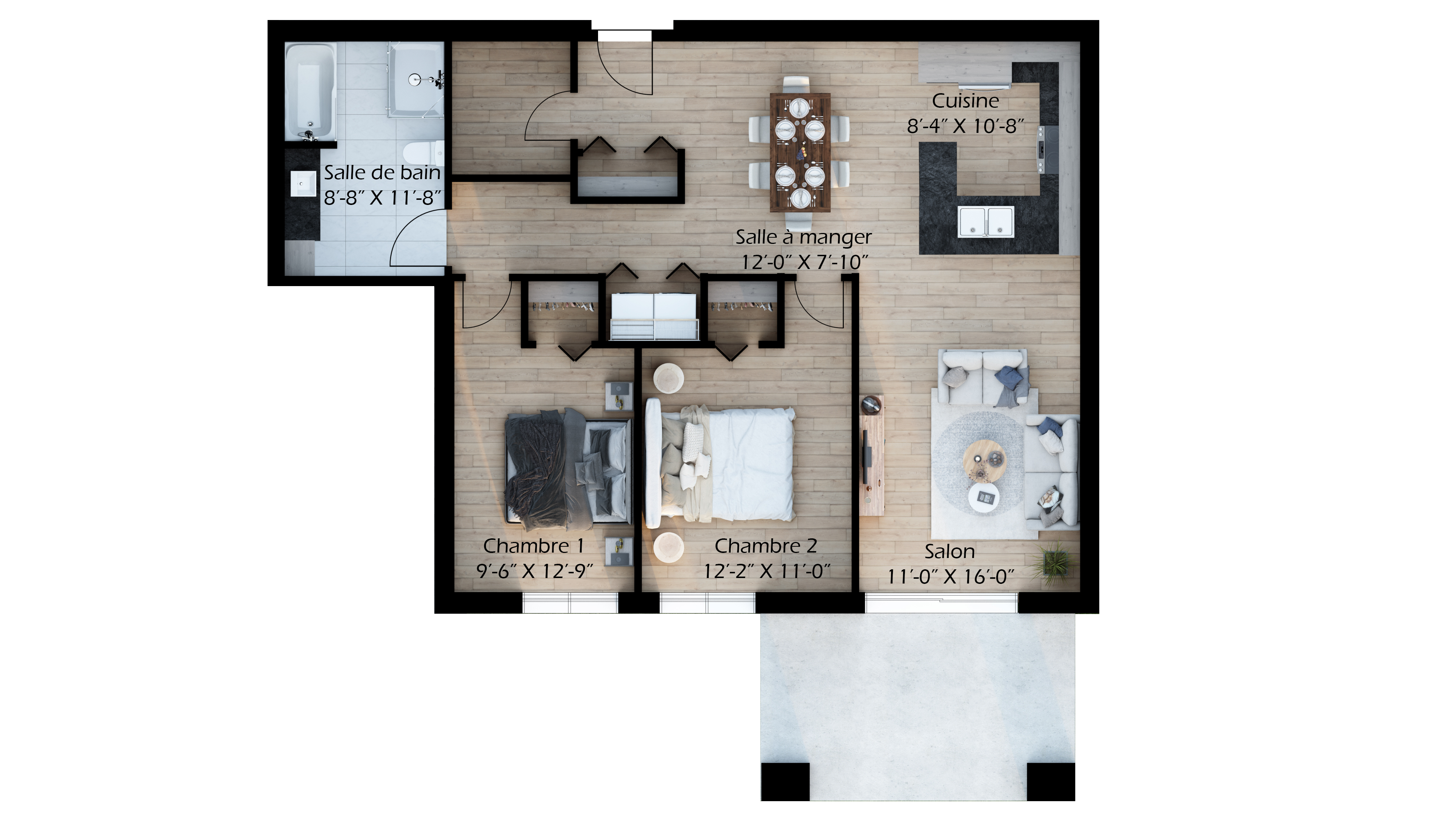 Plan de l'unité type 105 à 605, 2 chambres