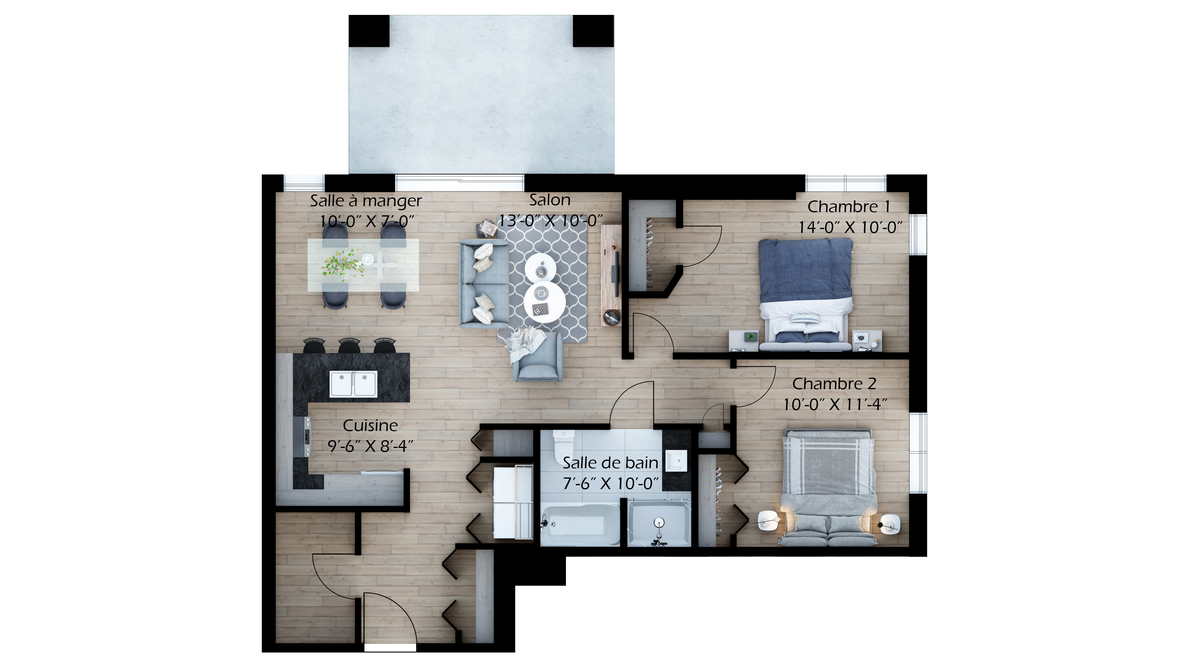 Plan de l'unité type 106 à 606, 2 chambres