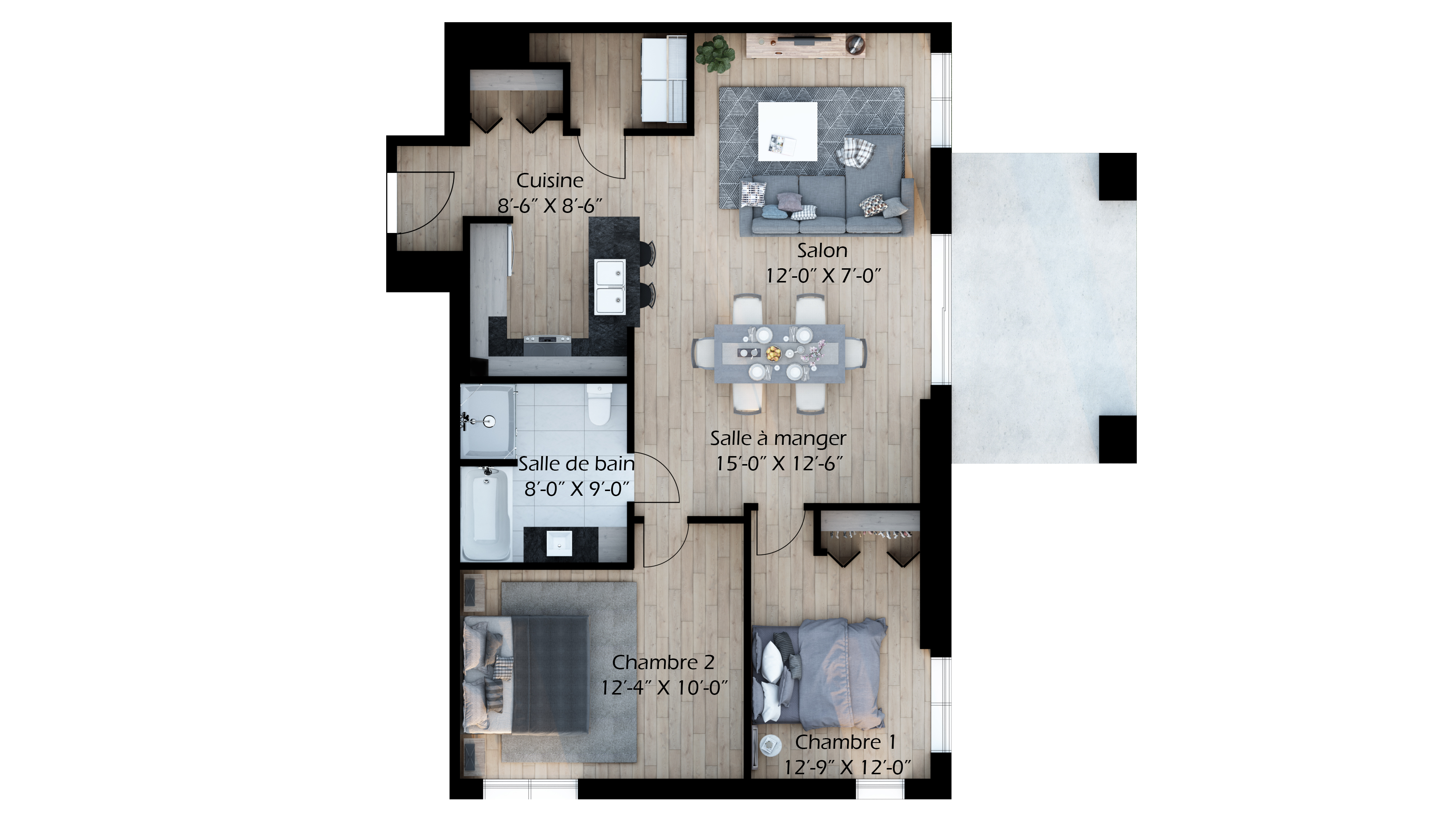 Plan de l'unité type 107, 2 chambres