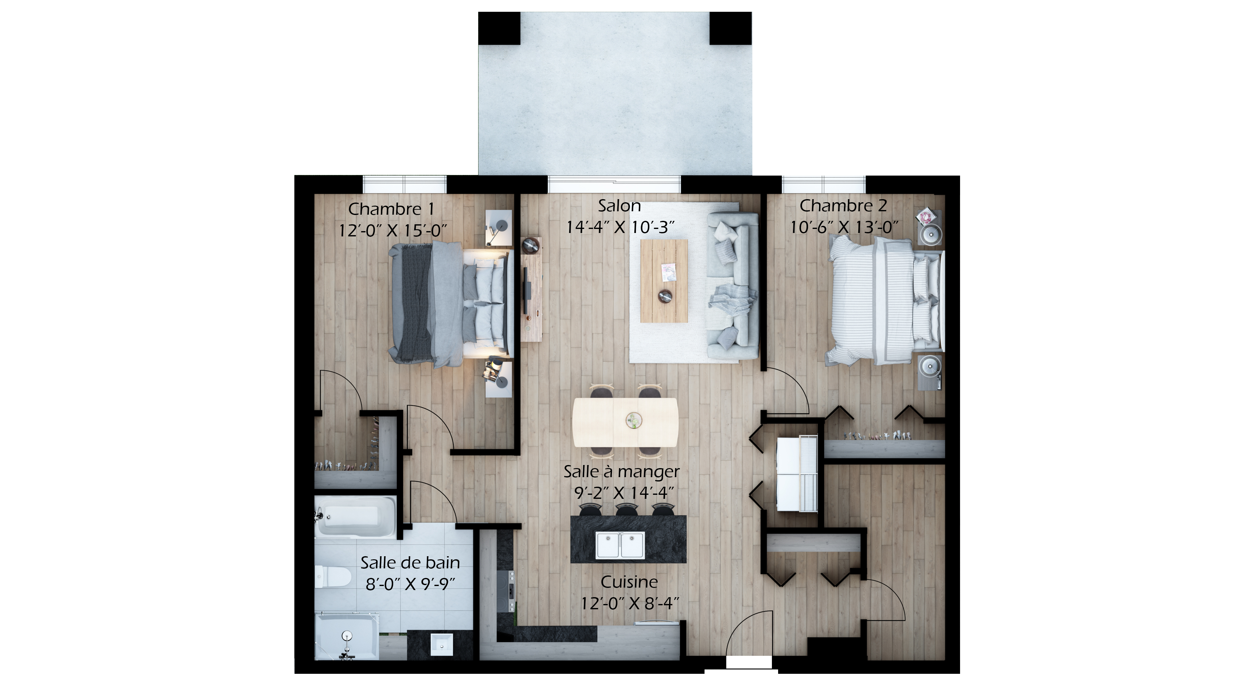 Plan de l'unité type 204 à 604, 2 chambres
