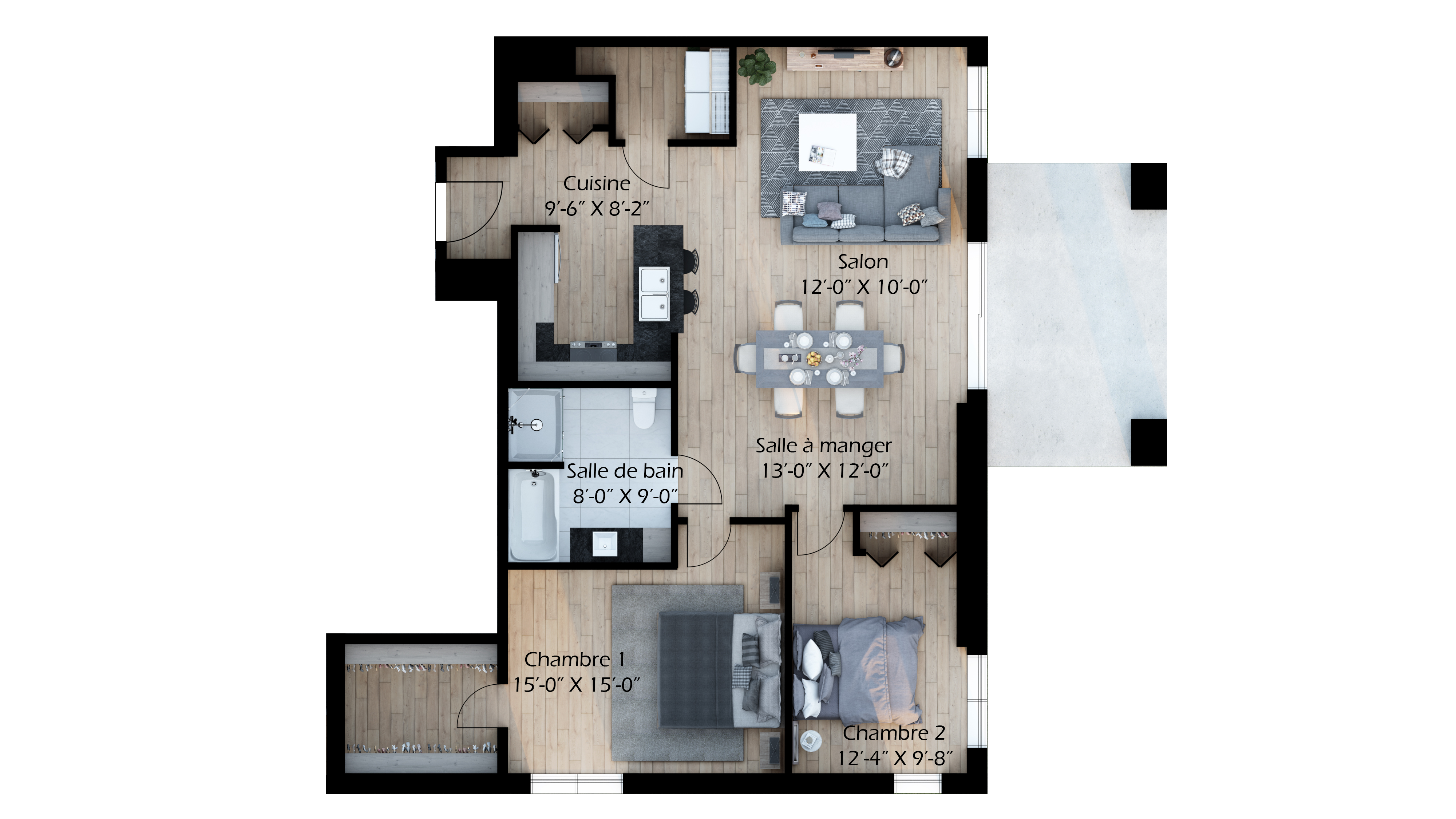 Plan de l'unité type 207 à 607, 2 chambres